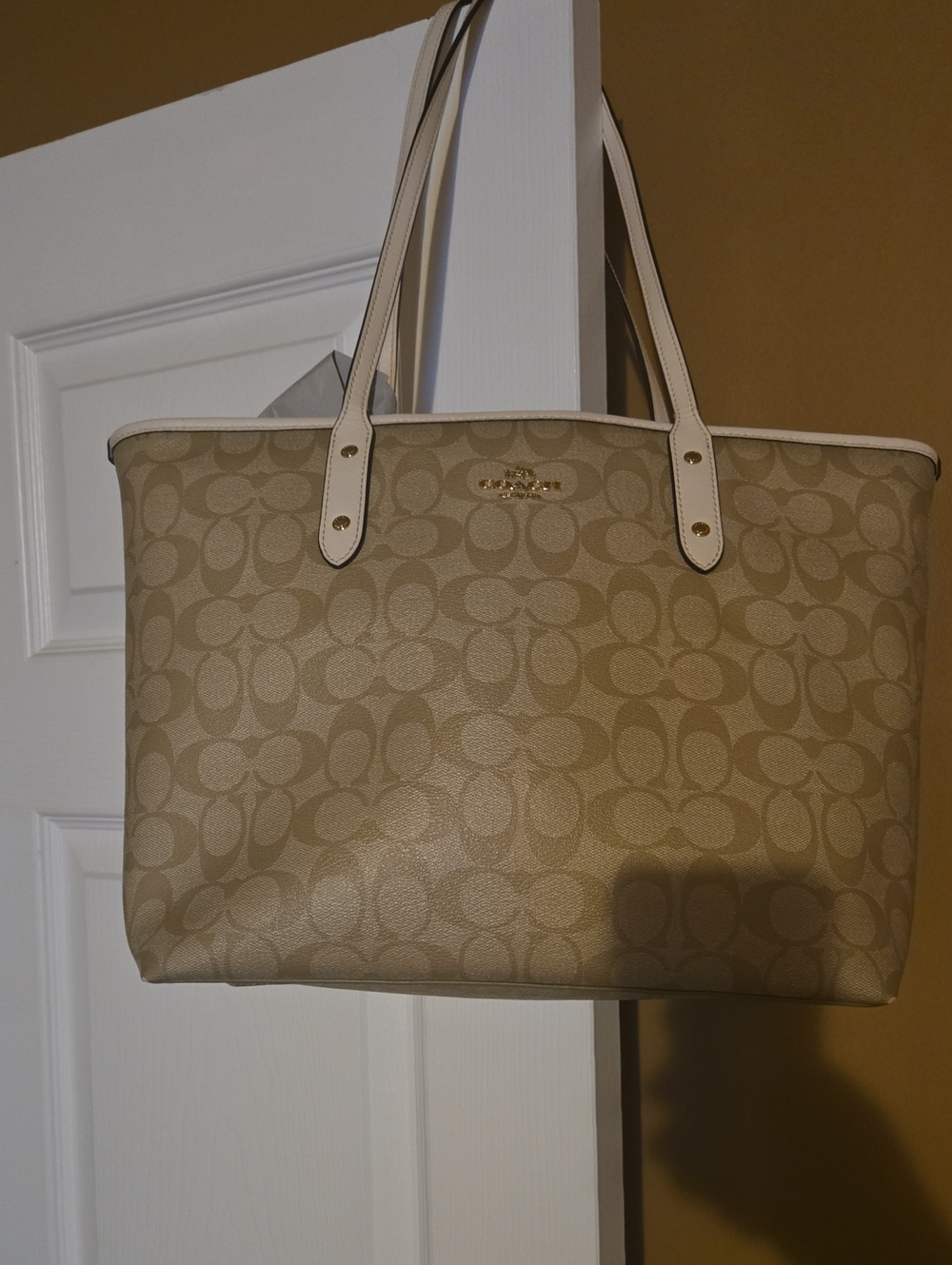 Coach Tan Signature Canvas Tote with Cream Trim